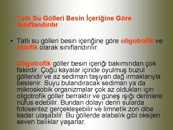  • Tatlı Su Gölleri Besin İçeriğine Göre Sınıflandırılır • Tatlı su gölleri besin