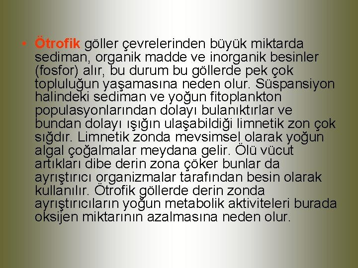  • Ötrofik göller çevrelerinden büyük miktarda sediman, organik madde ve inorganik besinler (fosfor)