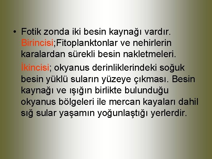  • Fotik zonda iki besin kaynağı vardır. Birincisi; Fitoplanktonlar ve nehirlerin karalardan sürekli