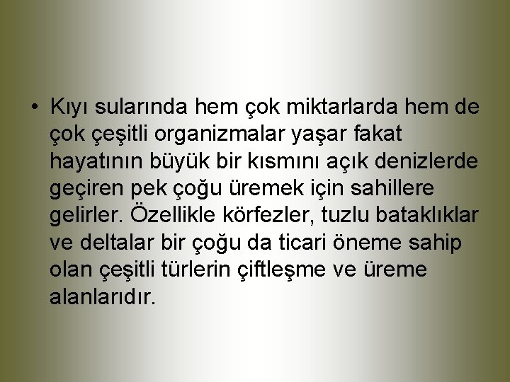  • Kıyı sularında hem çok miktarlarda hem de çok çeşitli organizmalar yaşar fakat