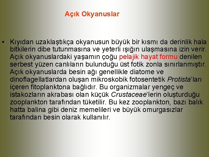 Açık Okyanuslar • Kıyıdan uzaklaştıkça okyanusun büyük bir kısmı da derinlik hala bitkilerin dibe