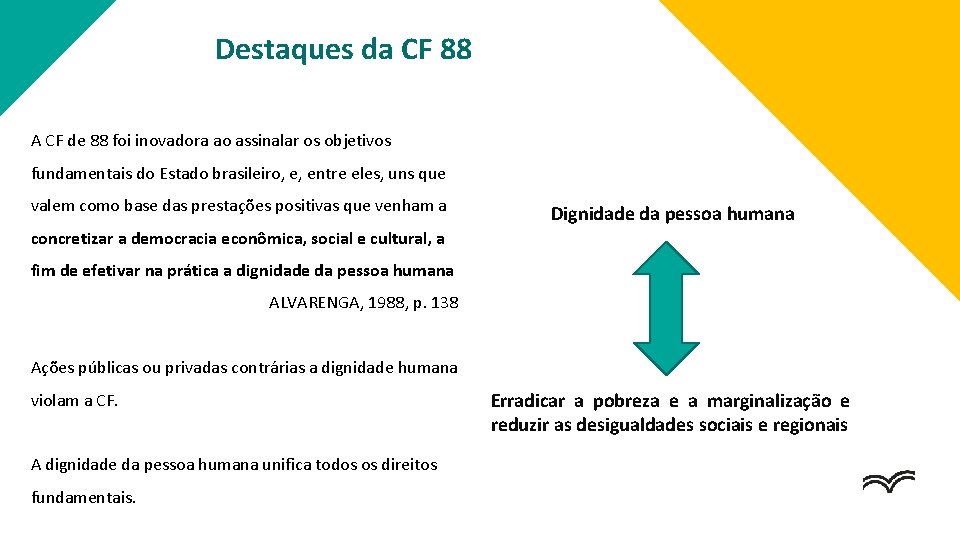 Destaques da CF 88 A CF de 88 foi inovadora ao assinalar os objetivos