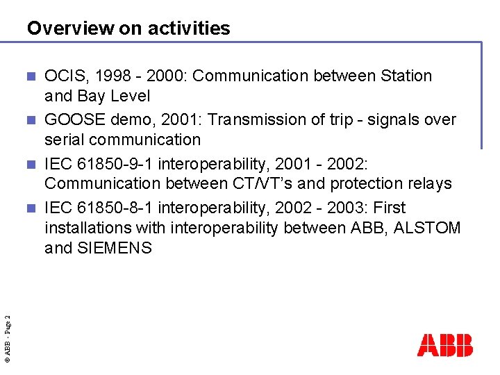 Overview on activities OCIS, 1998 - 2000: Communication between Station and Bay Level n