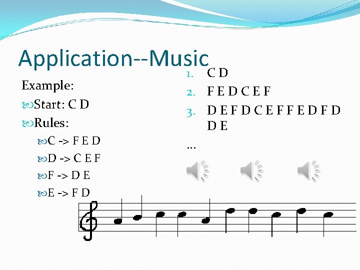 Application--Music 1. C D Example: Start: C D Rules: C -> F E D
