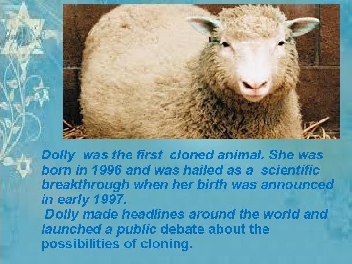 Dolly was the first cloned animal. She was born in 1996 and was hailed