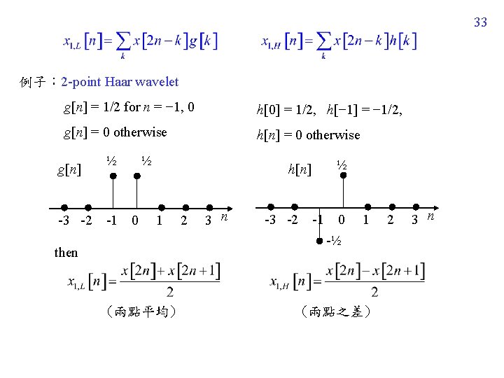 33 例子： 2 -point Haar wavelet g[n] = 1/2 for n = − 1,