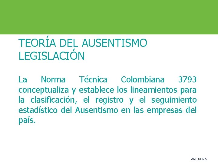 TEORÍA DEL AUSENTISMO LEGISLACIÓN La Norma Técnica Colombiana 3793 conceptualiza y establece los lineamientos