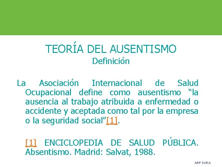 TEORÍA DEL AUSENTISMO Definición La Asociación Internacional de Salud Ocupacional define como ausentismo “la