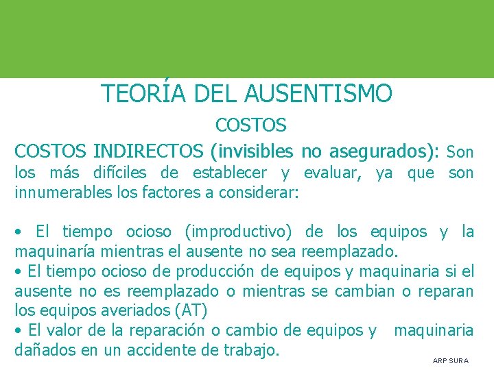 TEORÍA DEL AUSENTISMO COSTOS INDIRECTOS (invisibles no asegurados): Son los más difíciles de establecer