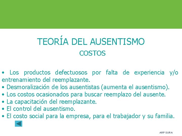 TEORÍA DEL AUSENTISMO COSTOS • Los productos defectuosos por falta de experiencia y/o entrenamiento