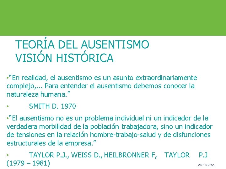 TEORÍA DEL AUSENTISMO VISIÓN HISTÓRICA • “En realidad, el ausentismo es un asunto extraordinariamente