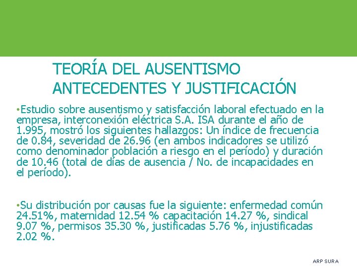 TEORÍA DEL AUSENTISMO ANTECEDENTES Y JUSTIFICACIÓN • Estudio sobre ausentismo y satisfacción laboral efectuado