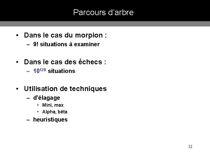 Parcours d’arbre • Dans le cas du morpion : – 9! situations à examiner