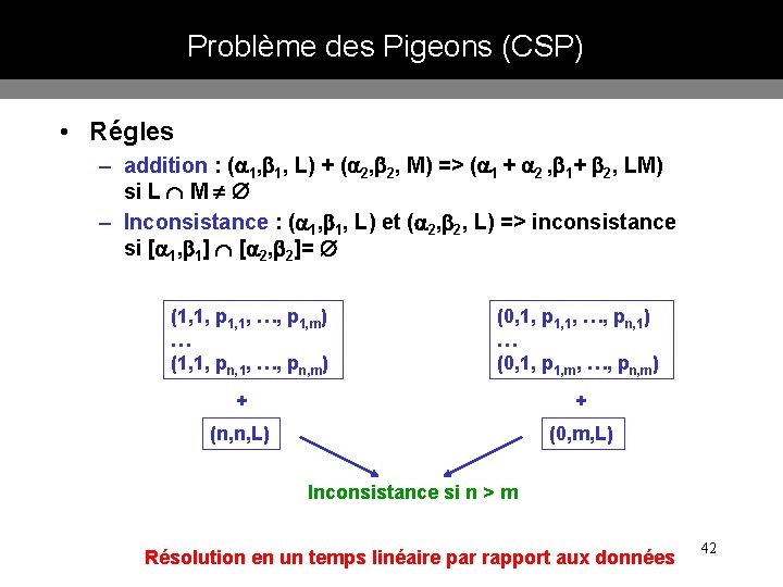 Problème des Pigeons (CSP) • Régles – addition : ( 1, 1, L) +