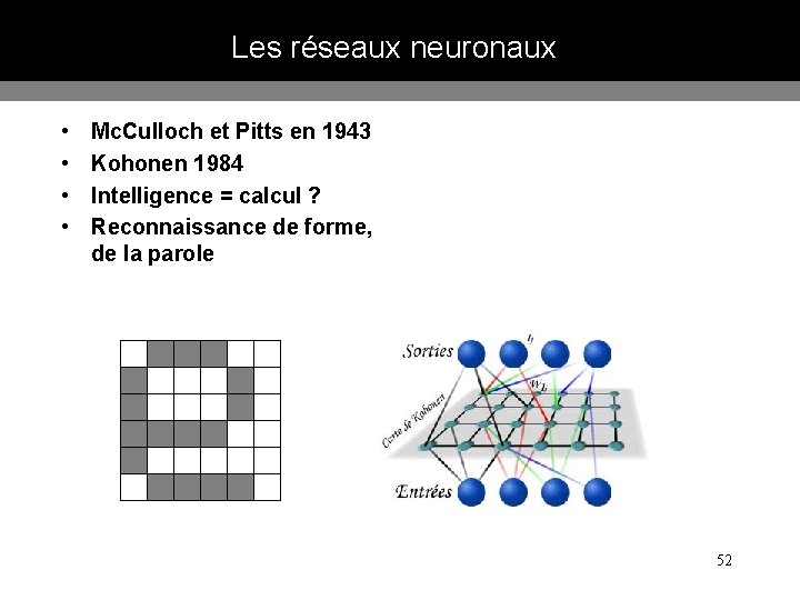 Les réseaux neuronaux • • Mc. Culloch et Pitts en 1943 Kohonen 1984 Intelligence