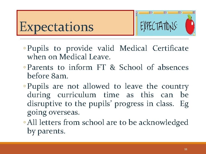 Expectations ◦ Pupils to provide valid Medical Certificate when on Medical Leave. ◦ Parents