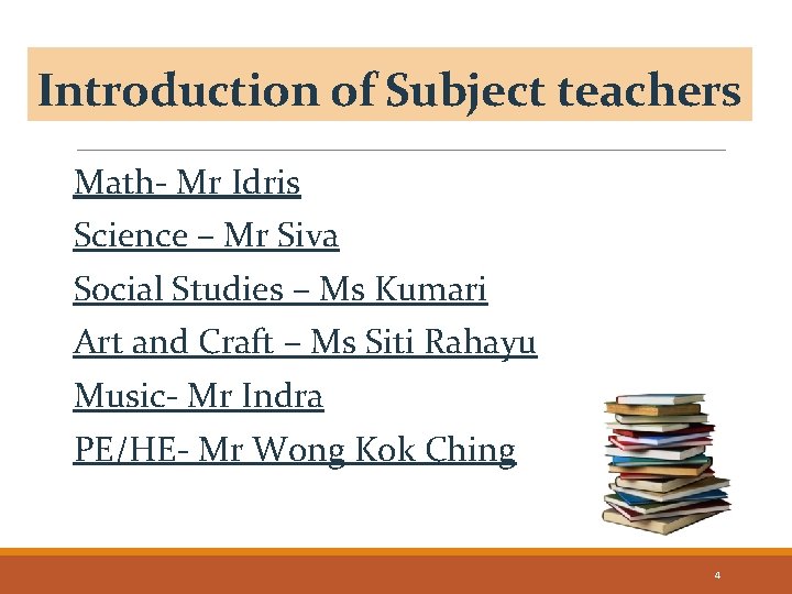 Introduction of Subject teachers Math- Mr Idris Science – Mr Siva Social Studies –