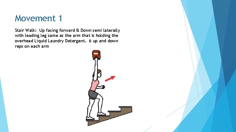 Movement 1 Stair Walk: Up facing forward & Down semi laterally with leading leg
