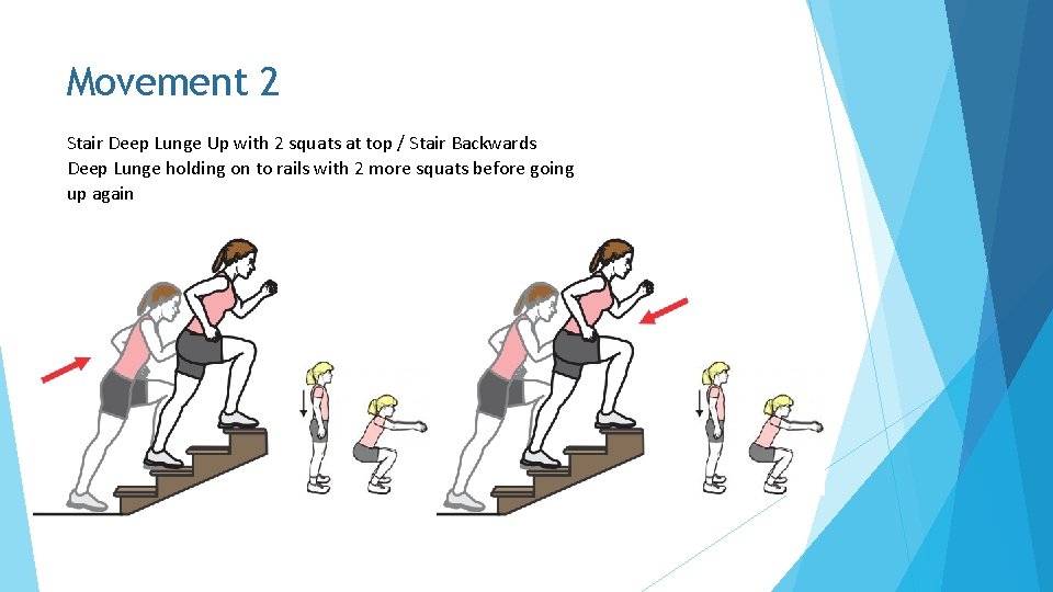 Movement 2 Stair Deep Lunge Up with 2 squats at top / Stair Backwards