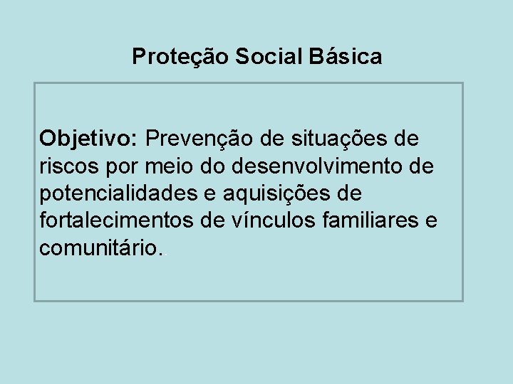 Proteção Social Básica Objetivo: Prevenção de situações de riscos por meio do desenvolvimento de