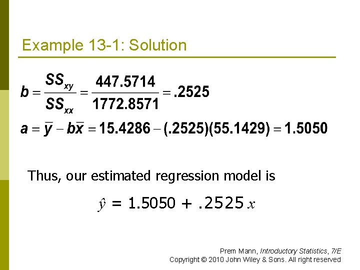 Example 13 -1: Solution Thus, our estimated regression model is ŷ = 1. 5050