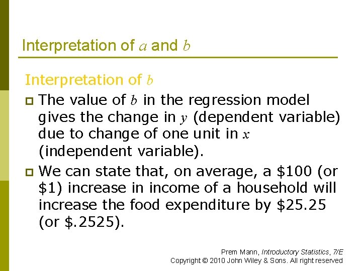 Interpretation of a and b Interpretation of b p The value of b in