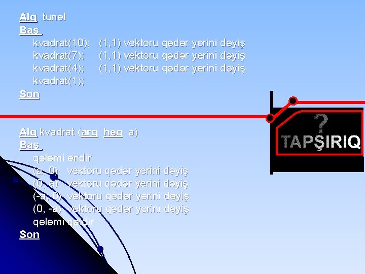 Alq tunel Baş kvadrat(10); (1, 1) vektoru qədər yerini dəyiş kvadrat(7); (1, 1) vektoru