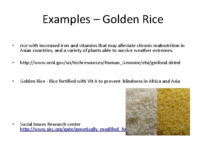 Examples – Golden Rice • rice with increased iron and vitamins that may alleviate