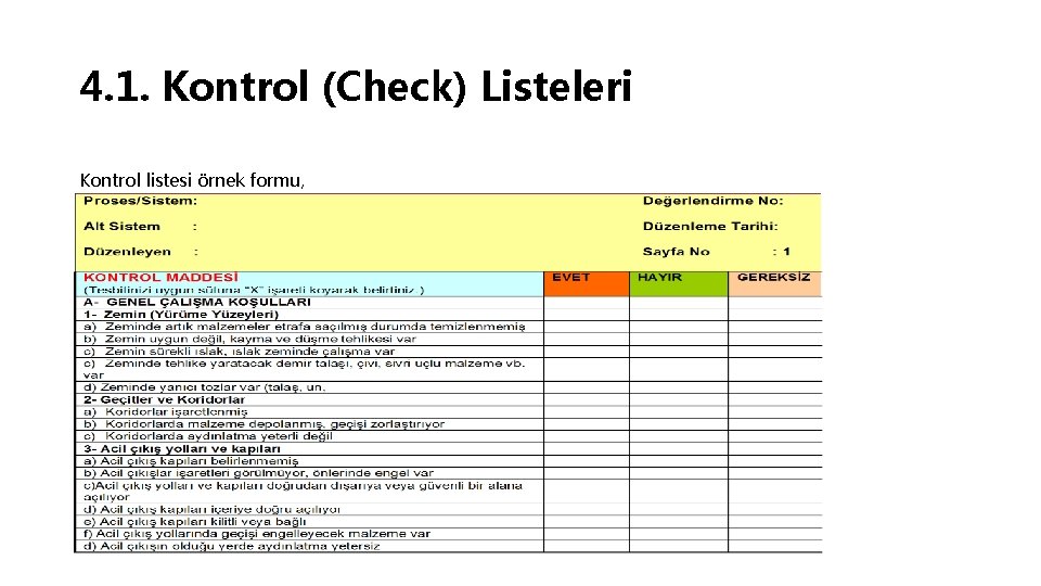 4. 1. Kontrol (Check) Listeleri Kontrol listesi örnek formu, 