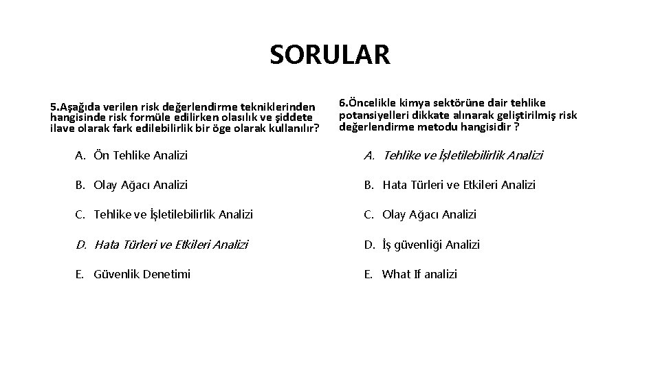 SORULAR 5. Aşağıda verilen risk değerlendirme tekniklerinden hangisinde risk formüle edilirken olasılık ve şiddete