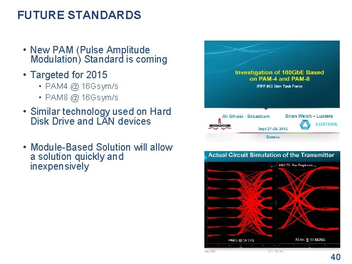 FUTURE STANDARDS • New PAM (Pulse Amplitude Modulation) Standard is coming • Targeted for