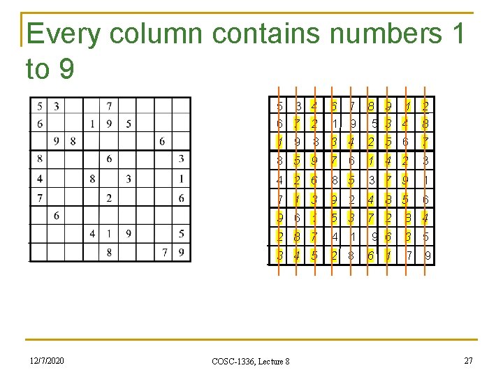 Every column contains numbers 1 to 9 5 3 4 6 7 8 9 Every column contains numbers 1 to 9 5 3 4 6 7 8 9