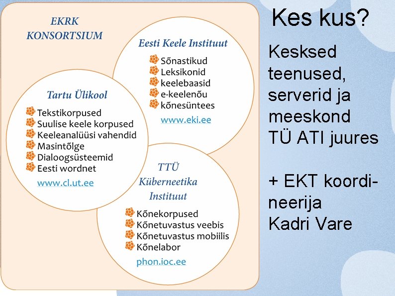 Kes kus? Kesksed teenused, serverid ja meeskond TÜ ATI juures + EKT koordineerija Kadri