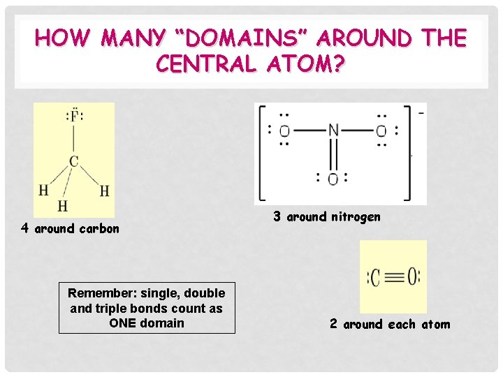 HOW MANY “DOMAINS” AROUND THE CENTRAL ATOM? 4 around carbon Remember: single, double and