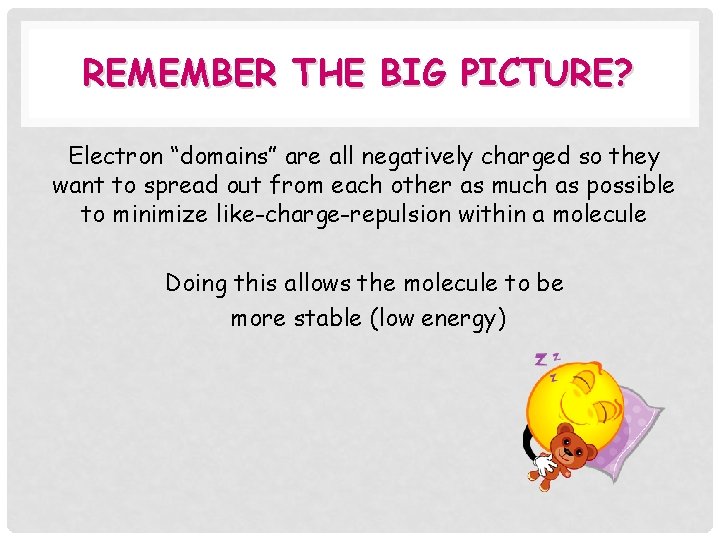 REMEMBER THE BIG PICTURE? Electron “domains” are all negatively charged so they want to