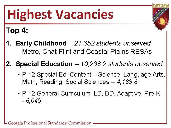 Highest Vacancies Top 4: 1. Early Childhood – 21, 652 students unserved Metro, Chat-Flint