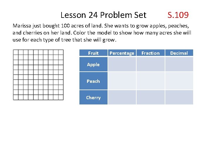  Lesson 24 Problem Set S. 109 Marissa just bought 100 acres of land.