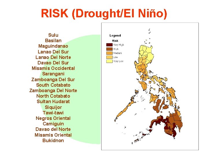 RISK (Drought/El Niño) Sulu Basilan Maguindanao Lanao Del Sur Lanao Del Norte Davao Del