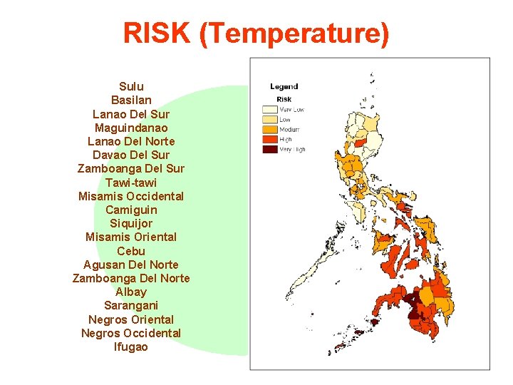 RISK (Temperature) Sulu Basilan Lanao Del Sur Maguindanao Lanao Del Norte Davao Del Sur