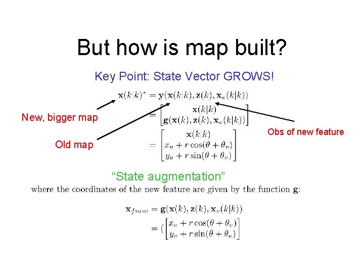 But how is map built? Key Point: State Vector GROWS! New, bigger map Obs