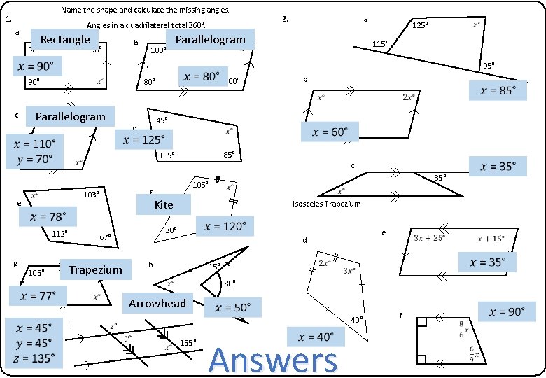 Name the shape and calculate the missing angles. 1. Angles in a quadrilateral total