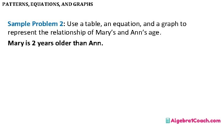 PATTERNS, EQUATIONS, AND GRAPHS Sample Problem 2: Use a table, an equation, and a