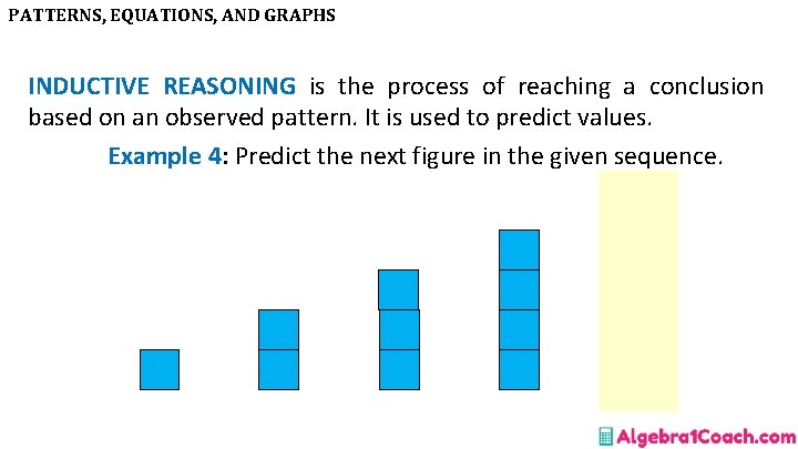PATTERNS, EQUATIONS, AND GRAPHS INDUCTIVE REASONING is the process of reaching a conclusion based
