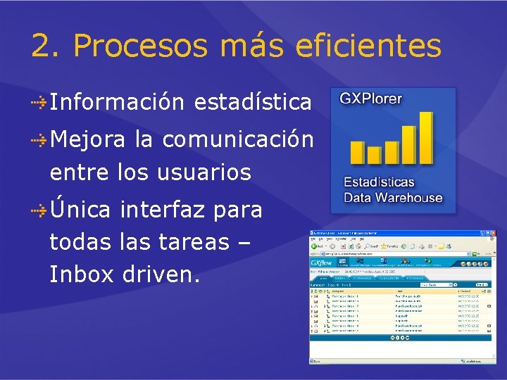 2. Procesos más eficientes Información estadística Mejora la comunicación entre los usuarios Única interfaz 2. Procesos más eficientes Información estadística Mejora la comunicación entre los usuarios Única interfaz