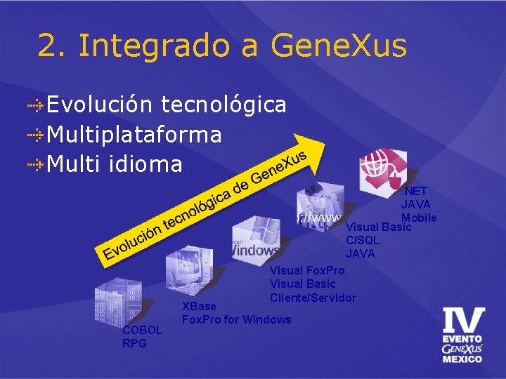 2. Integrado a Gene. Xus Evolución tecnológica Multiplataforma Multi idioma. NET JAVA Mobile Visual