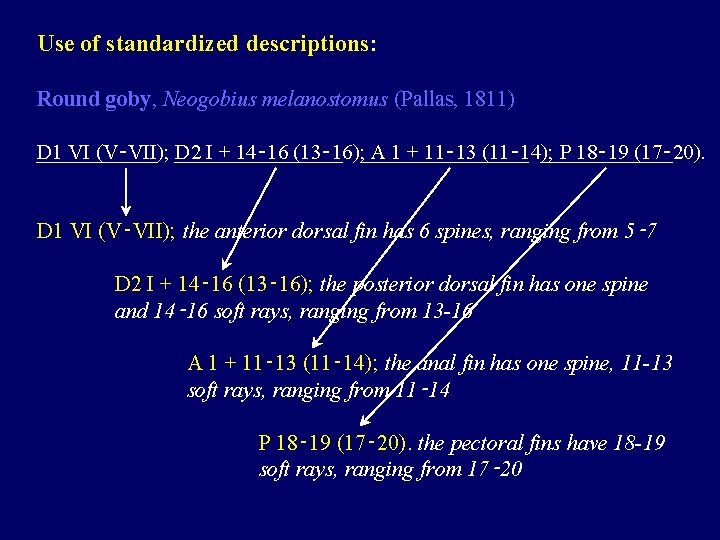 Use of standardized descriptions: Round goby, Neogobius melanostomus (Pallas, 1811) D 1 VI (V‑VII);