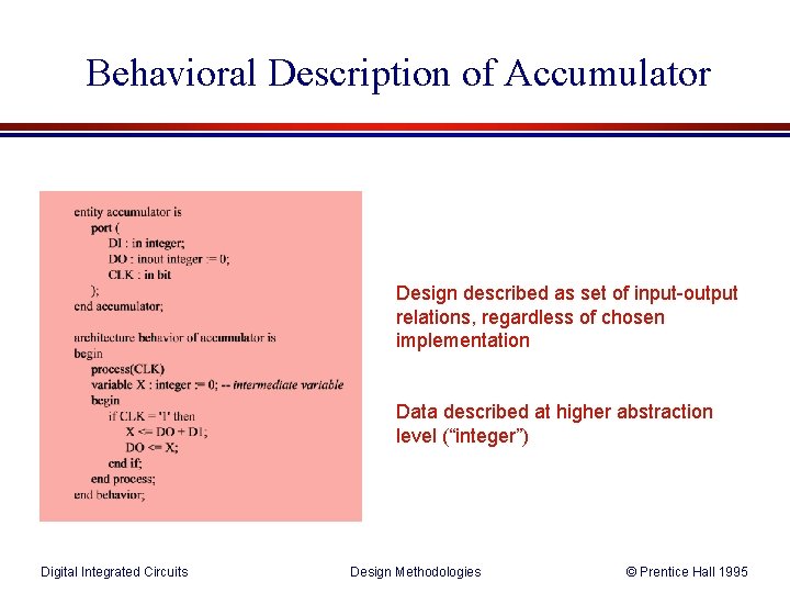 Behavioral Description of Accumulator Design described as set of input-output relations, regardless of chosen