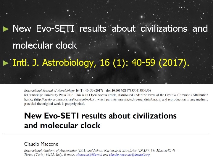 ► New Evo-SETI results about civilizations and molecular clock ► Intl. J. Astrobiology, 16