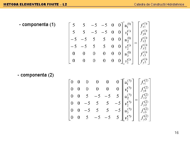 METODA ELEMENTELOR FINITE – L 2 Catedra de Constructii Hidrotehnice - componenta (1) -
