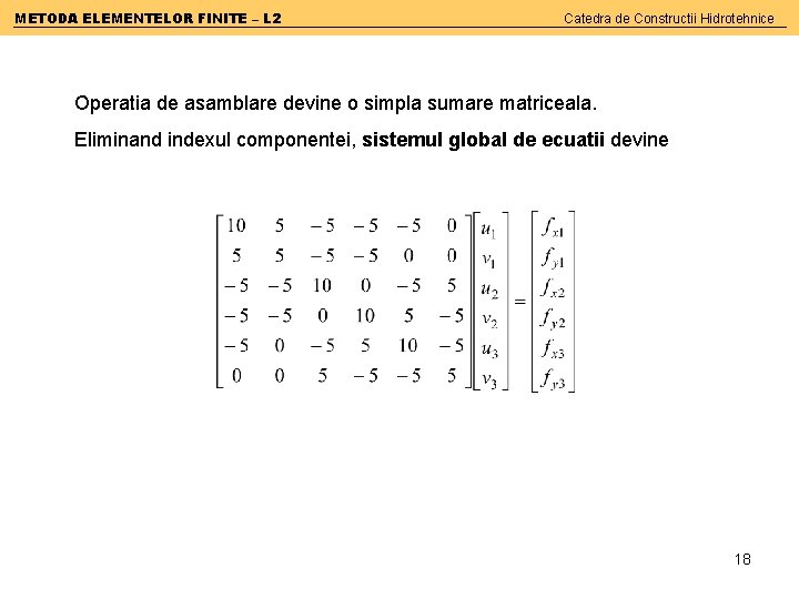 METODA ELEMENTELOR FINITE – L 2 Catedra de Constructii Hidrotehnice Operatia de asamblare devine
